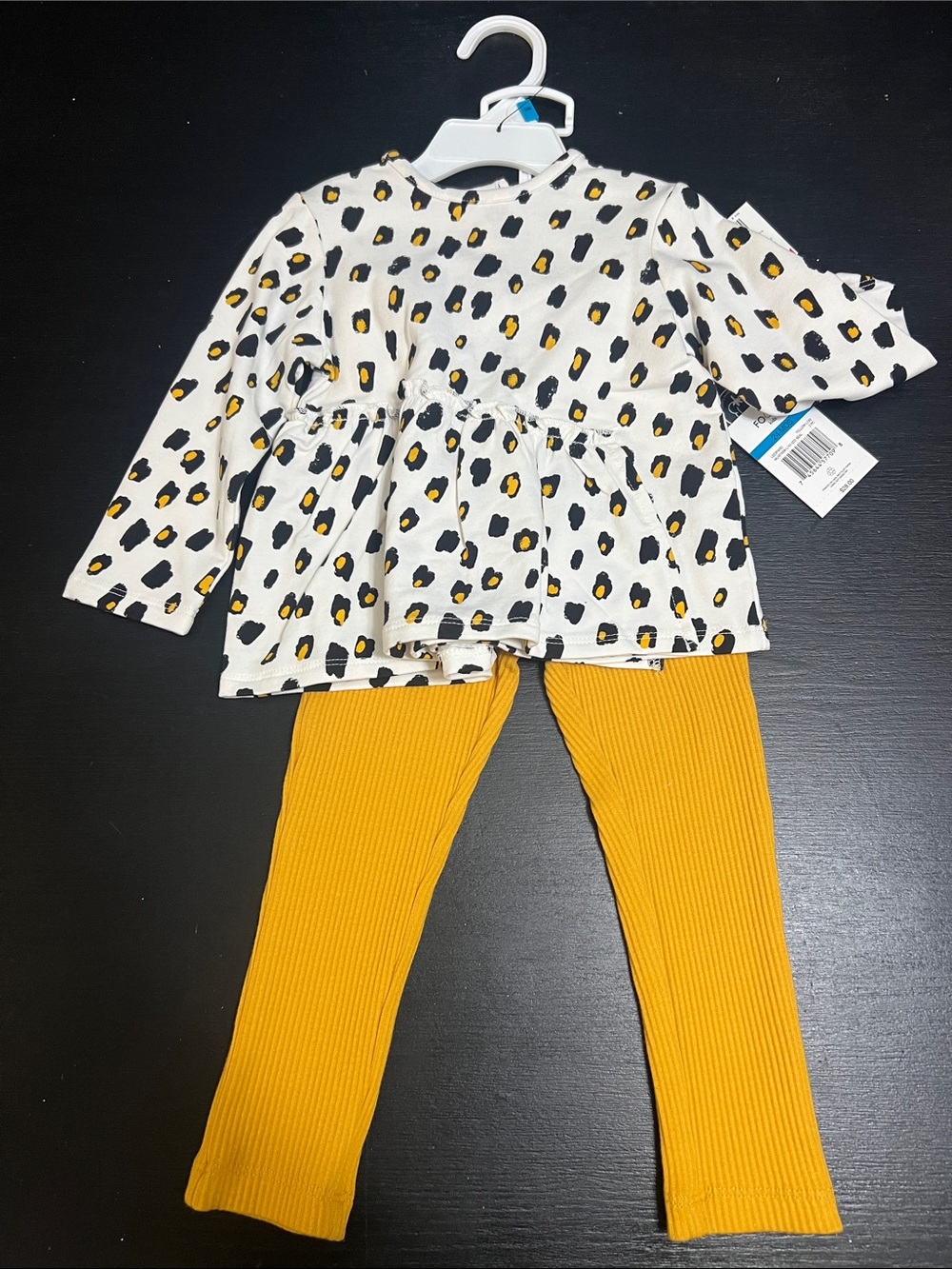Kids Two-Piece Leopard Print Peplum Top & Mustard Ribbed Leggings Set